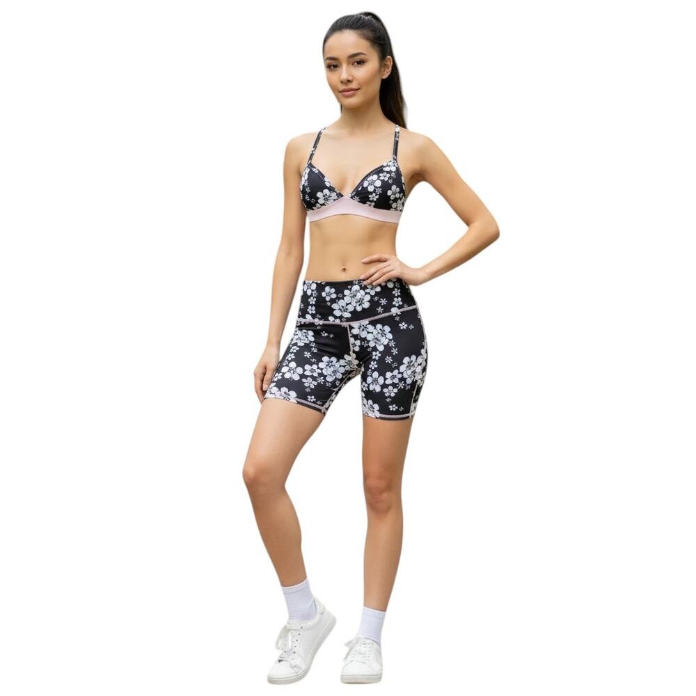 Frankies Bikinis Black Floral Sports Bra (S) and Biker Shorts (M) Sets, SRP:$125
